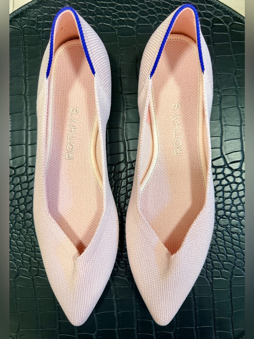 Rothy's Pointed Knit Flats in Blush Pink with Royal Blue Trim